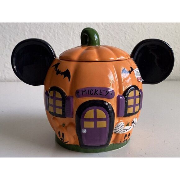 Disney Mickey Mouse Halloween Pumpkin Haunted House Ceramic Cookie Jar NEW